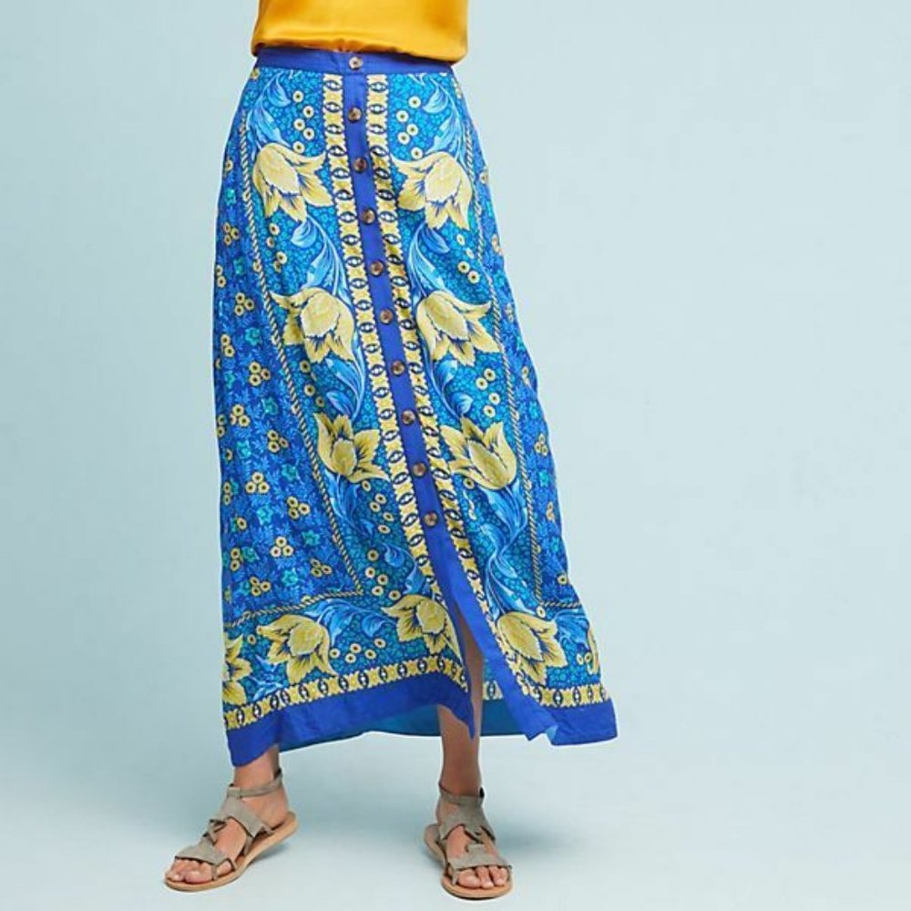 Anthropologie Blue and Yellow Floral Maxi Skirt